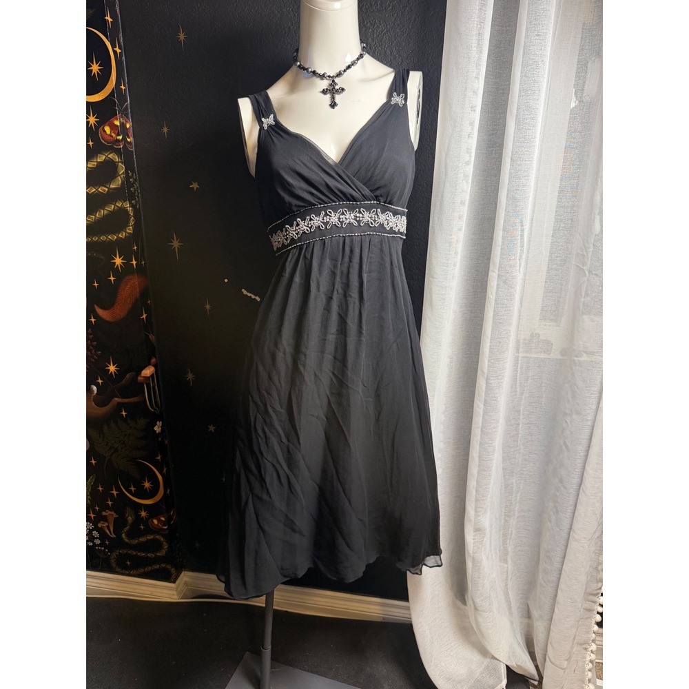 Signature By Robbie Bee Black Silk Beaded Empire Waist Cocktail Dress 8P